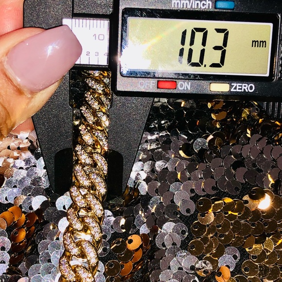 10k yellow gold vermeil Cuban link heavy chain for men, simulated diamonds Sale - Picture 7 of 8